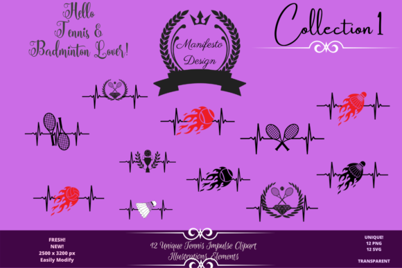 12 Beautiful TENNIS Badminton Elements Graphics for Crafts